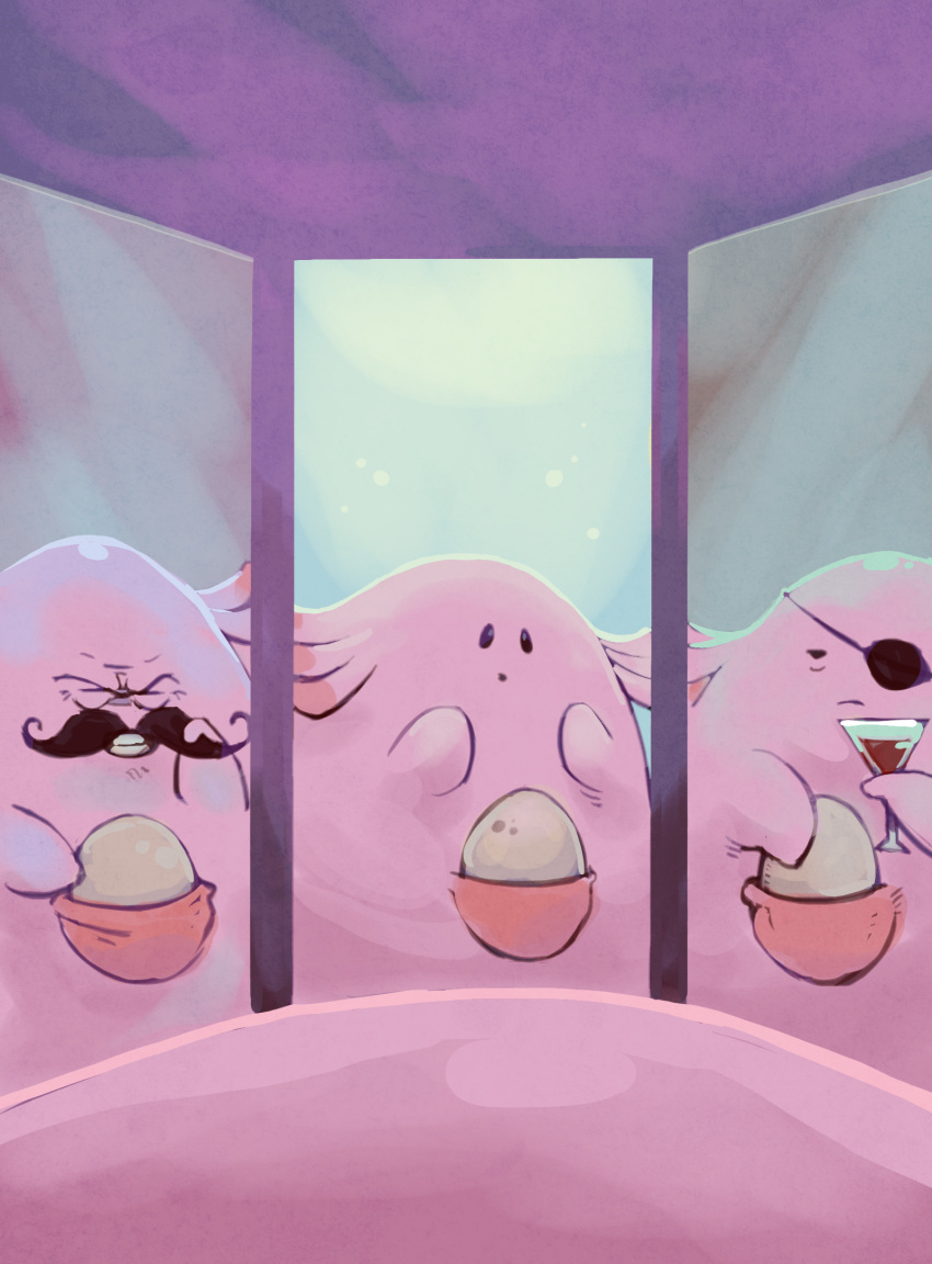 bummerdude chansey commentary creature cup different_reflection drinking_glass egg eyepatch from_behind furrowed_eyebrows gen_1_pokemon highres holding holding_drinking_glass mirror no_humans pink pink_skin pokemon pokemon_(creature) reflection