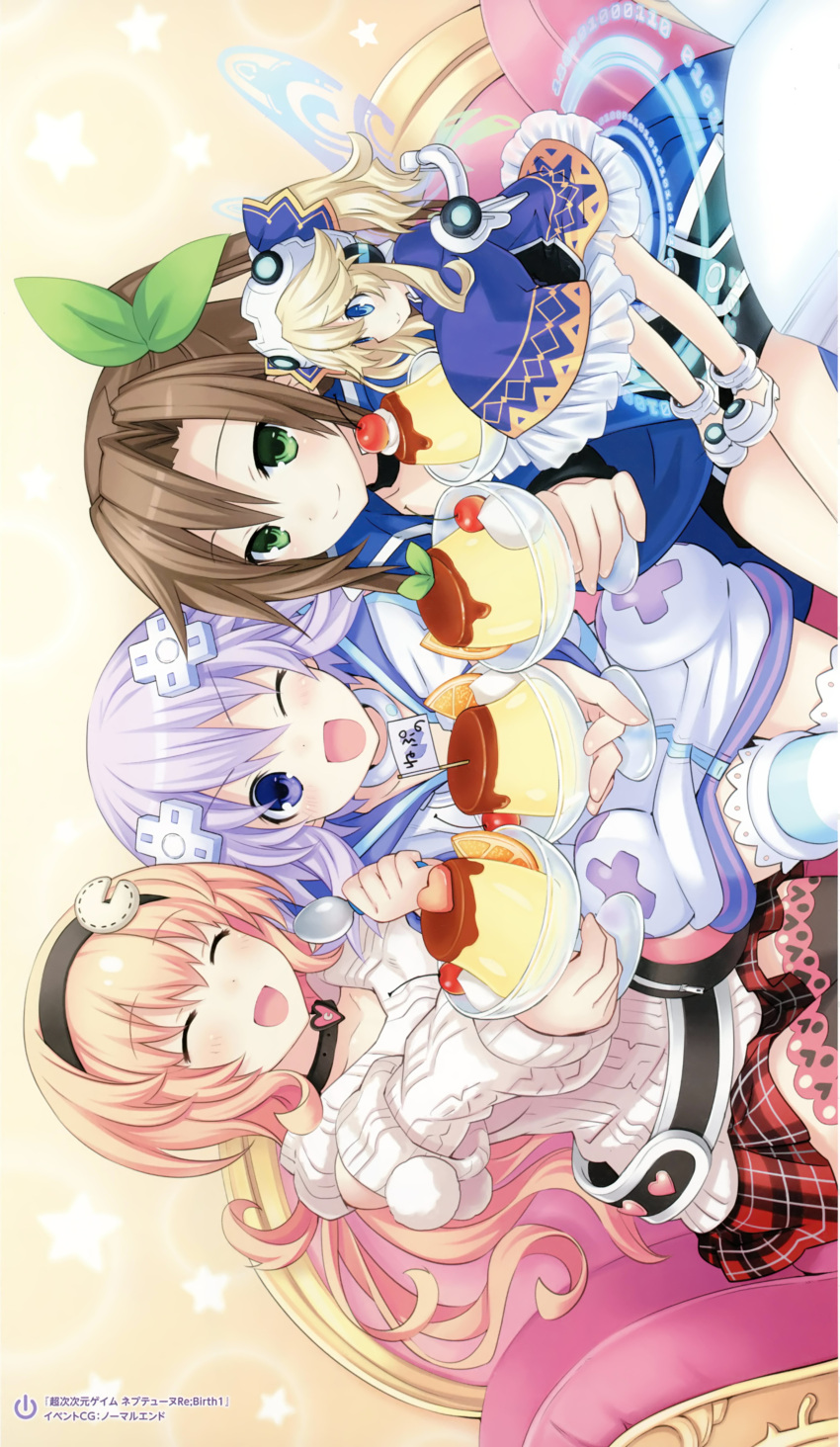 4girls :d ;d ^_^ absurdres aran_sweater closed_eyes compa detached_sleeves food game_cg girl_sandwich highres histoire if_(choujigen_game_neptune) long_hair multiple_girls neptune_(choujigen_game_neptune) neptune_(series) official_art one_eye_closed open_mouth plaid plaid_skirt pudding sandwiched short_hair skirt smile sweater thigh-highs tsunako v-shaped_eyebrows