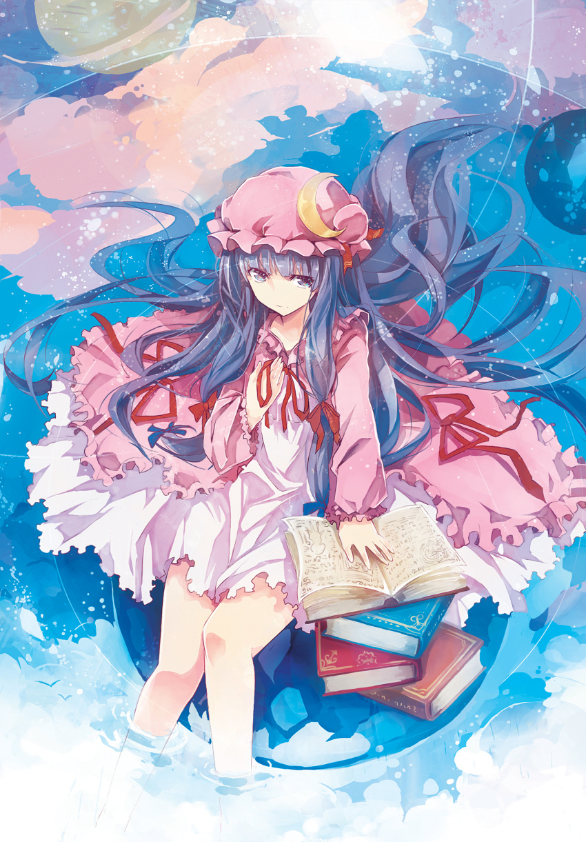 1girl absurdres bangs bare_legs blue_eyes blue_hair blunt_bangs book book_stack bow crescent crescent_moon_pin dress hair_bow hair_ribbon hat highres long_hair looking_at_viewer mob_cap open_book patchouli_knowledge pink_hat red_ribbon ribbon sidelocks sitting soaking_feet solo touhou very_long_hair water white_dress zhuxiao517