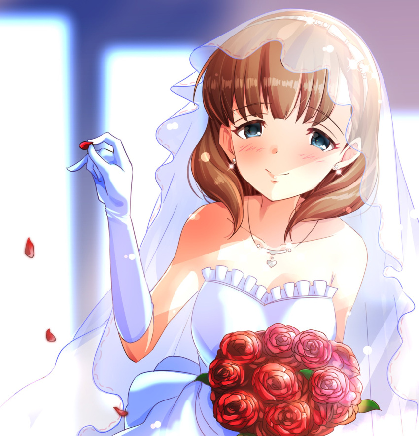 1girl arm_up bangs bare_shoulders blue_eyes blush bouquet breasts bridal_veil brown_hair closed_mouth dress earrings elbow_gloves eyebrows_visible_through_hair flower gloves hairband highres holding holding_bouquet idolmaster idolmaster_cinderella_girls jewelry looking_at_viewer medium_breasts medium_hair nanananananasea necklace pendant petals pinky_out red_flower red_rose rose rose_petals sakuma_mayu smile solo sparkle strapless strapless_dress stud_earrings tareme upper_body veil wedding_dress white_dress white_earrings white_gloves