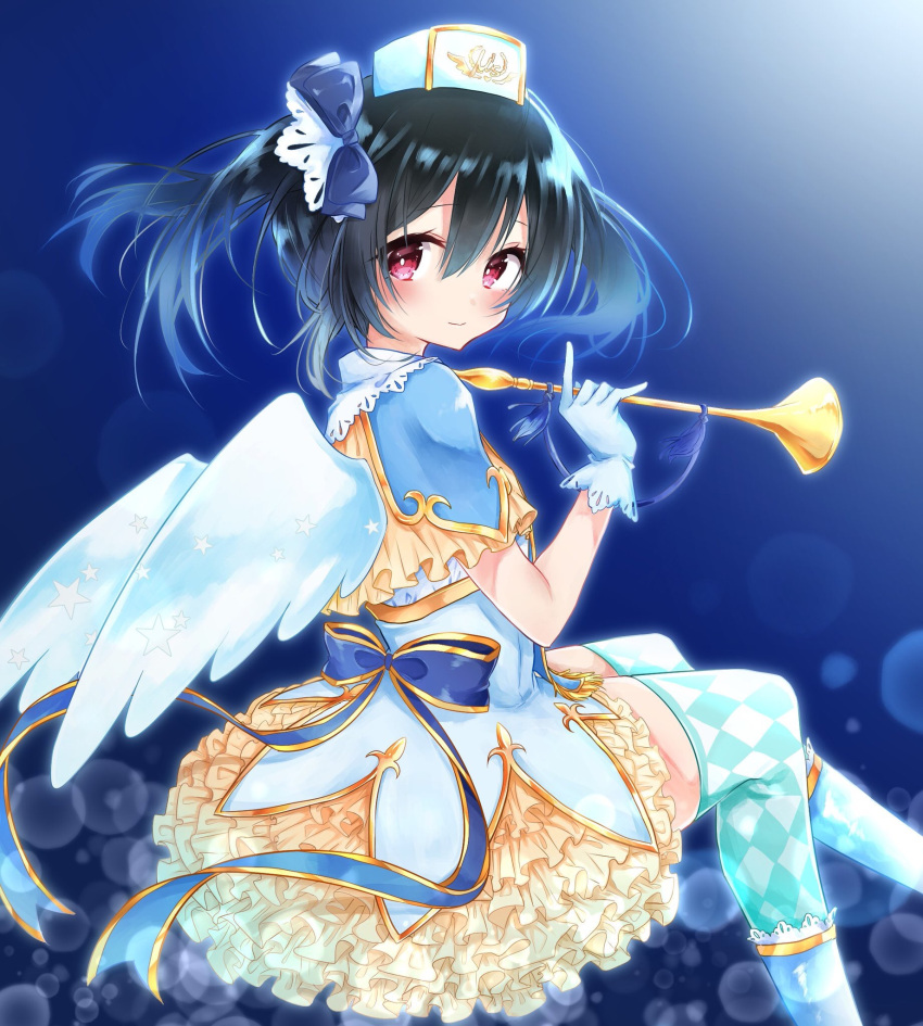 1girl angel_wings argyle argyle_legwear bangs black_hair blue_background blue_bow blue_ribbon blurry blush bokeh bow depth_of_field frilled_skirt frills gloves hair_between_eyes hair_bow hat highres holding holding_instrument horn_(instrument) instrument invisible_chair kishikino looking_back love_live! love_live!_school_idol_festival love_live!_school_idol_project red_eyes ribbon sitting skirt smile solo thigh-highs twintails white_gloves wings yazawa_nico