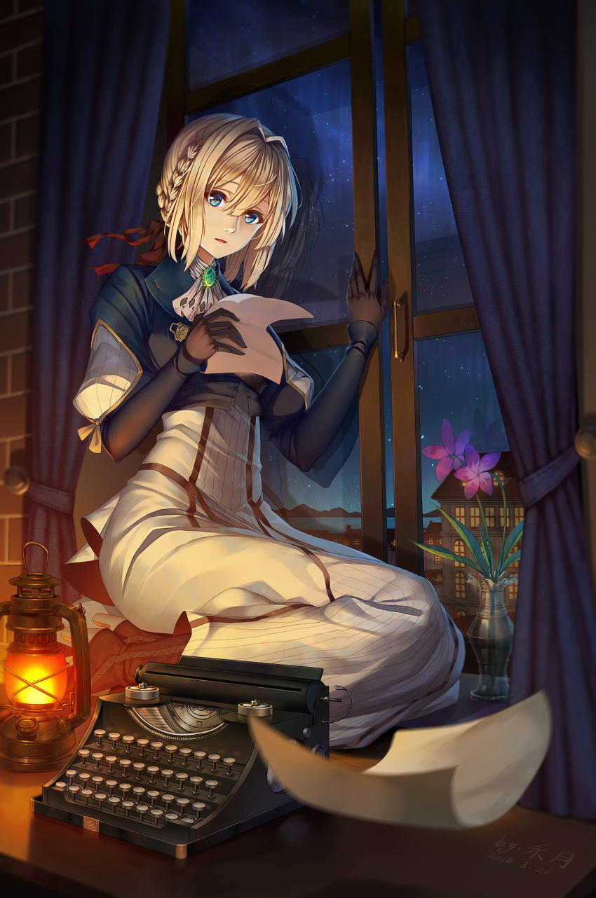 1girl bangs blonde_hair blue_eyes blue_jacket braid brooch dress eyebrows_visible_through_hair flower gloves hair_between_eyes hair_intakes hair_ribbon highres holding_letter houses jacket jewelry lantern letter long_hair long_sleeves love_letter mountainous_horizon night night_sky open_window paper reading red_ribbon ribbon seiza sitting sky solo star table ttheyue typewriter vase violet_(flower) violet_evergarden violet_evergarden_(character) window