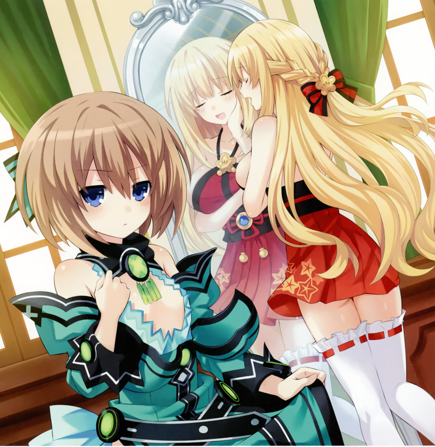 2girls :&lt; absurdres bangs bare_shoulders blanc blonde_hair blue_eyes blush bow bowtie breast_conscious breast_hold breasts brown_hair cleavage cleavage_cutout collarbone cosplay costume_switch dress eyebrows eyebrows_visible_through_hair flat_chest hair_ornament hand_on_own_cheek hand_on_own_chest highres indoors japanese_clothes large_breasts long_hair mirror multiple_girls neptune_(series) official_art open_mouth oversized_clothes pleated_skirt reflection ribbon-trimmed_legwear ribbon_trim scan shiny shiny_skin skirt sleeveless sleeveless_dress small_breasts smile thigh-highs tsunako vert white_legwear zettai_ryouiki