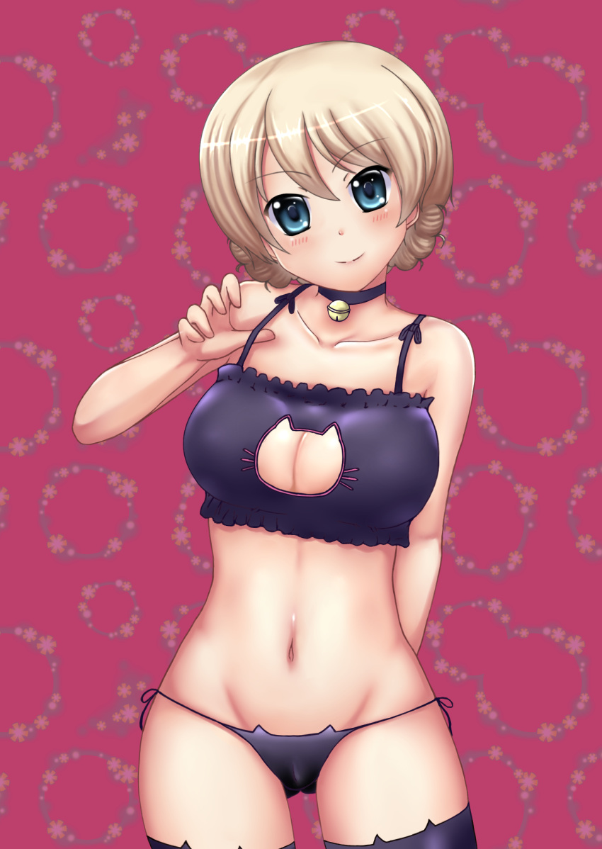 1girl adjusting_bra adjusting_clothes arm_behind_back bangs bell bell_choker bell_collar black_bra black_legwear black_panties blonde_hair blue_eyes bra braid breasts cat_cutout cat_ear_panties cat_ear_thighhighs cat_lingerie choker cleavage cleavage_cutout closed_mouth collar collarbone commentary cowboy_shot darjeeling eyebrows_visible_through_hair floral_background frilled_bra frills girls_und_panzer head_tilt highres jingle_bell looking_at_viewer meme_attire navel panties print_backpack rudo_villano short_hair side-tie_panties smile solo standing thigh-highs tied_hair twin_braids underwear underwear_only