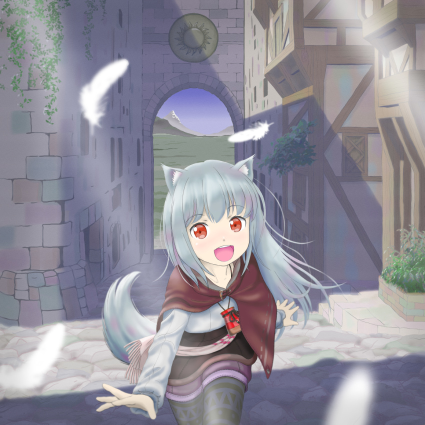 1girl animal_ears arch capelet cityscape eyebrows_visible_through_hair feathers long_hair myuri_(spice_and_wolf) open_mouth pantyhose pouch reaching_out red_eyes shorts silver_hair smile solo spice_and_wolf suzupom tail walking wolf_ears wolf_tail