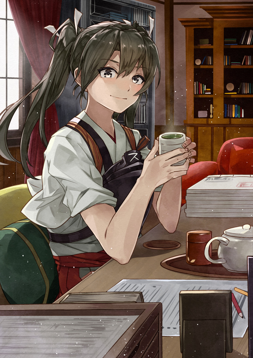 1girl absurdres bangs black_eyes blush book_stack bookshelf closed_mouth couch cup curtains cushion green_hair hair_ribbon hakama highres hip_vent holding holding_cup indoors japanese_clothes kanmiya_shinobu kantai_collection kimono light_particles long_hair looking_at_viewer muneate on_chair paper pencil red_hakama ribbon room saucer shiny shiny_hair smile solo steam tea teapot tray twintails two-handed white_kimono white_ribbon window zuikaku_(kantai_collection)