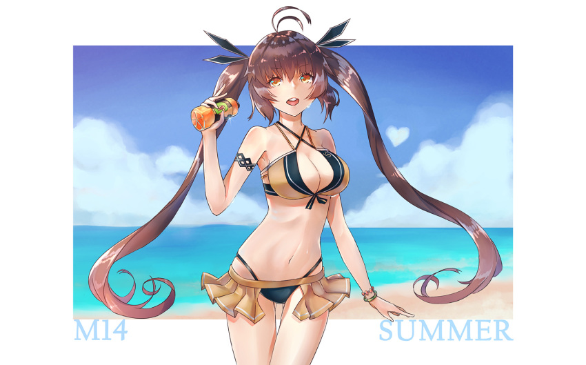 1girl ahoge akatsuki_suzumi alternate_costume armband armpits bangle bangs bare_shoulders beach bead_bracelet beads bikini blue_sky blush bottle bracelet breasts brown_eyes brown_hair character_name clouds cowboy_shot crotch_cutout eyebrows_visible_through_hair front-tie_bikini front-tie_top gatorade girls_frontline hair_ribbon heart highleg highleg_bikini highres holding holding_bottle jewelry large_breasts long_hair looking_at_viewer m14_(girls_frontline) microskirt navel ocean open_mouth outside_border pleated_skirt ribbon sand shiny shiny_skin sidelocks skindentation skirt sky smile solo sparkle stomach swimsuit thighs twintails water_drop wet yellow_eyes