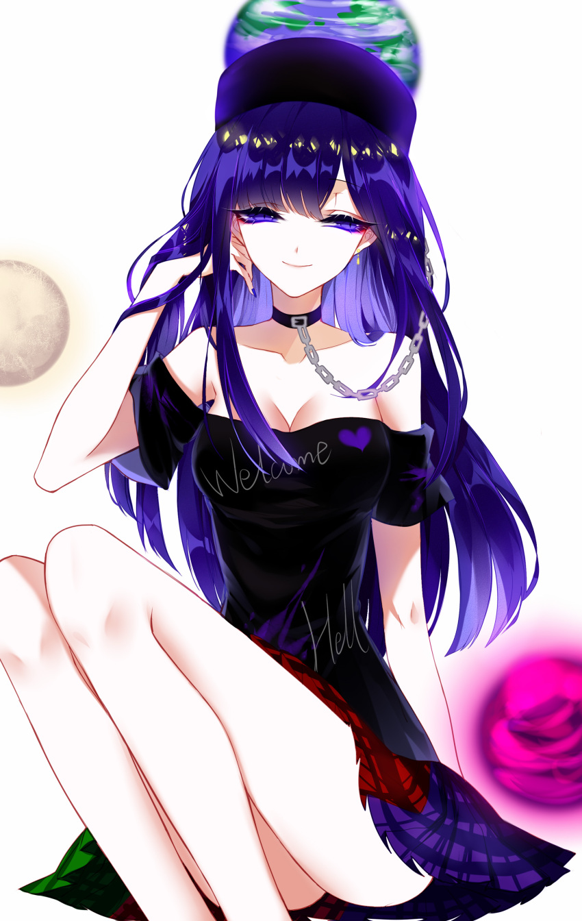 1girl absurdres ass bare_legs bare_shoulders black_shirt blue_eyes blue_hair breasts chains cleavage clothes_writing collar collarbone cosplay earrings earth_(ornament) feet_out_of_frame hand_in_hair heart hecatia_lapislazuli hecatia_lapislazuli_(cosplay) highres houseki_no_kuni humanization jewelry knees_up lapis_lazuli_(houseki_no_kuni) long_hair looking_to_the_side medium_breasts moon_(ornament) multicolored multicolored_clothes multicolored_skirt namesake off-shoulder_shirt off_shoulder polos_crown sheya shirt simple_background sitting skirt smile solo touhou very_long_hair white_background