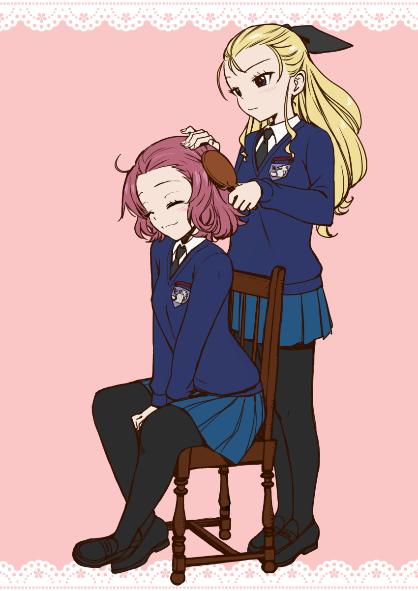 2girls absurdres assam badge black_bow black_footwear black_legwear blonde_hair blue_skirt blush bow brush cardigan chair character_request closed_eyes closed_mouth from_side girls_und_panzer hair_bow hair_brushing highres holding hone_(honehone083) long_hair long_sleeves multiple_girls pink_background pink_hair pleated_skirt rosehip shoes short_hair simple_background sitting skirt smile thigh-highs