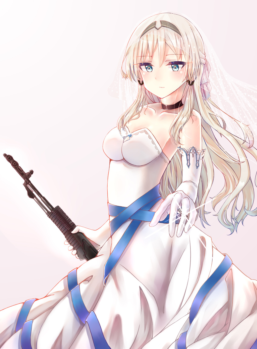 1girl absurdres alternate_costume an-94 an-94_(girls_frontline) assault_rifle bangs bare_shoulders blonde_hair blue_eyes blush braid breasts bridal_veil choker closed_mouth collarbone dress elbow_gloves evening eyebrows_visible_through_hair french_braid girls_frontline gloves gun hair_between_eyes hair_ribbon hairband highres holding holding_gun holding_weapon impossible_clothes jewelry long_hair looking_away looking_down medium_breasts pink_background ribbon rifle ring sidelocks simple_background sparkle strapless strapless_dress tress_ribbon veil weapon wedding_band wedding_dress white_dress white_gloves yunmoew