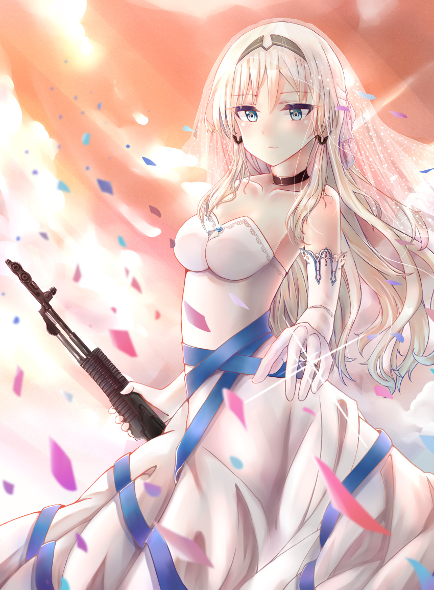 1girl absurdres alternate_costume an-94 an-94_(girls_frontline) assault_rifle bangs bare_shoulders blonde_hair blue_eyes blush braid breasts bridal_veil choker closed_mouth collarbone confetti dress elbow_gloves evening eyebrows_visible_through_hair french_braid girls_frontline gloves gun hair_between_eyes hair_ribbon hairband highres holding holding_gun holding_weapon impossible_clothes jewelry long_hair looking_away looking_down medium_breasts orange_sky ribbon rifle ring sidelocks sky sparkle strapless strapless_dress tress_ribbon veil weapon wedding_band wedding_dress white_dress white_gloves wind yunmoew