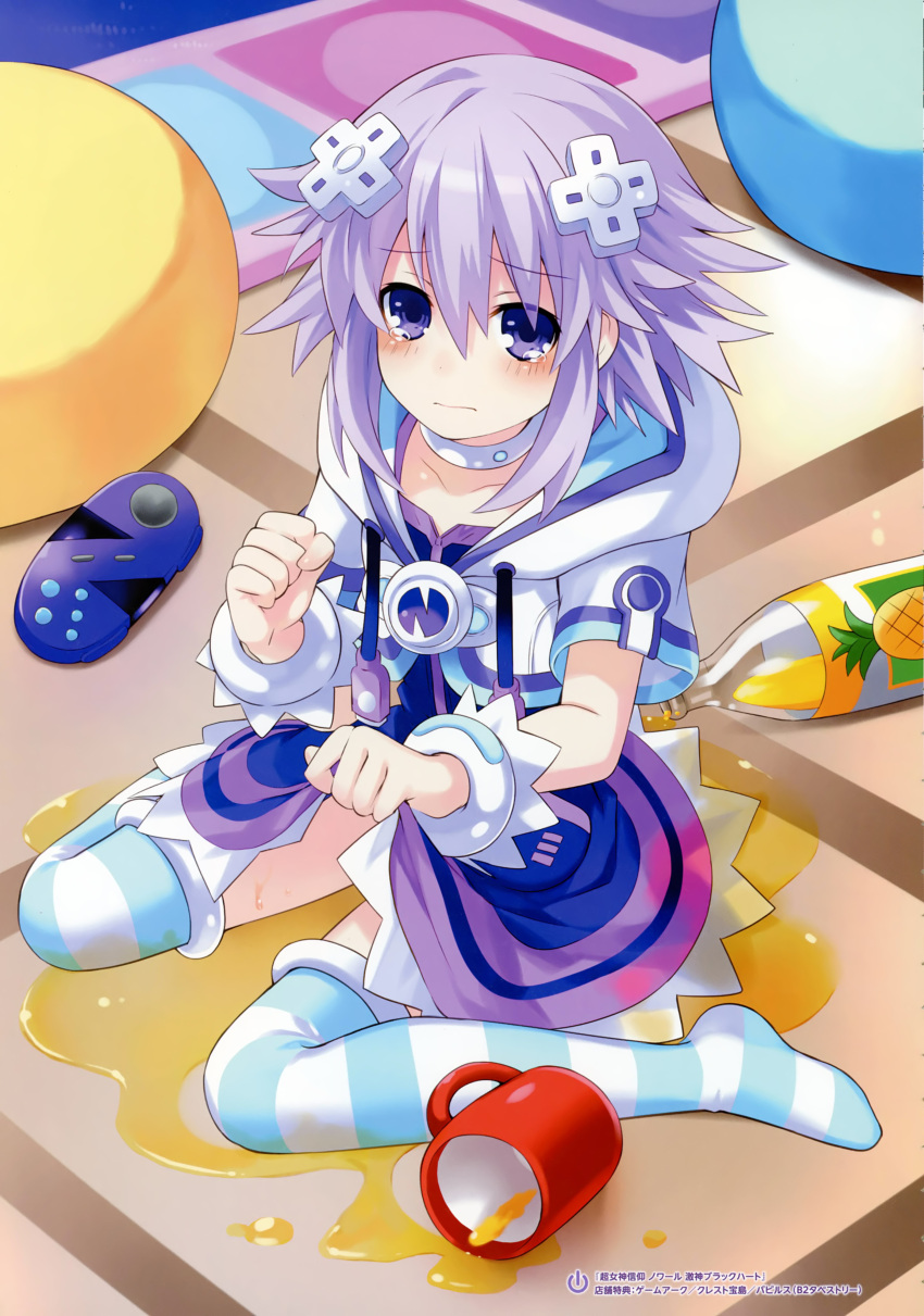 1girl absurdres blush bottle controller d-pad d-pad_hair_ornament game_controller gamepad hair_ornament highres juice long_hair looking_at_viewer multiple_girls neptune_(choujigen_game_neptune) neptune_(series) official_art purple_hair scan short_hair skirt solo spill striped striped_legwear tears thigh-highs tsunako violet_eyes