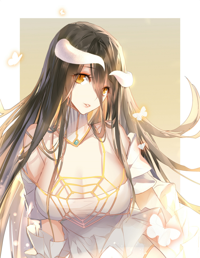 1girl albedo bare_shoulders black_hair breasts butterfly cleavage demon_girl demon_horns detached_collar dress gekka_nanako glowing_butterfly hair_between_eyes highres hip_vent horns insect jewelry large_breasts necklace overlord_(maruyama) slit_pupils upper_body white_dress yellow_eyes