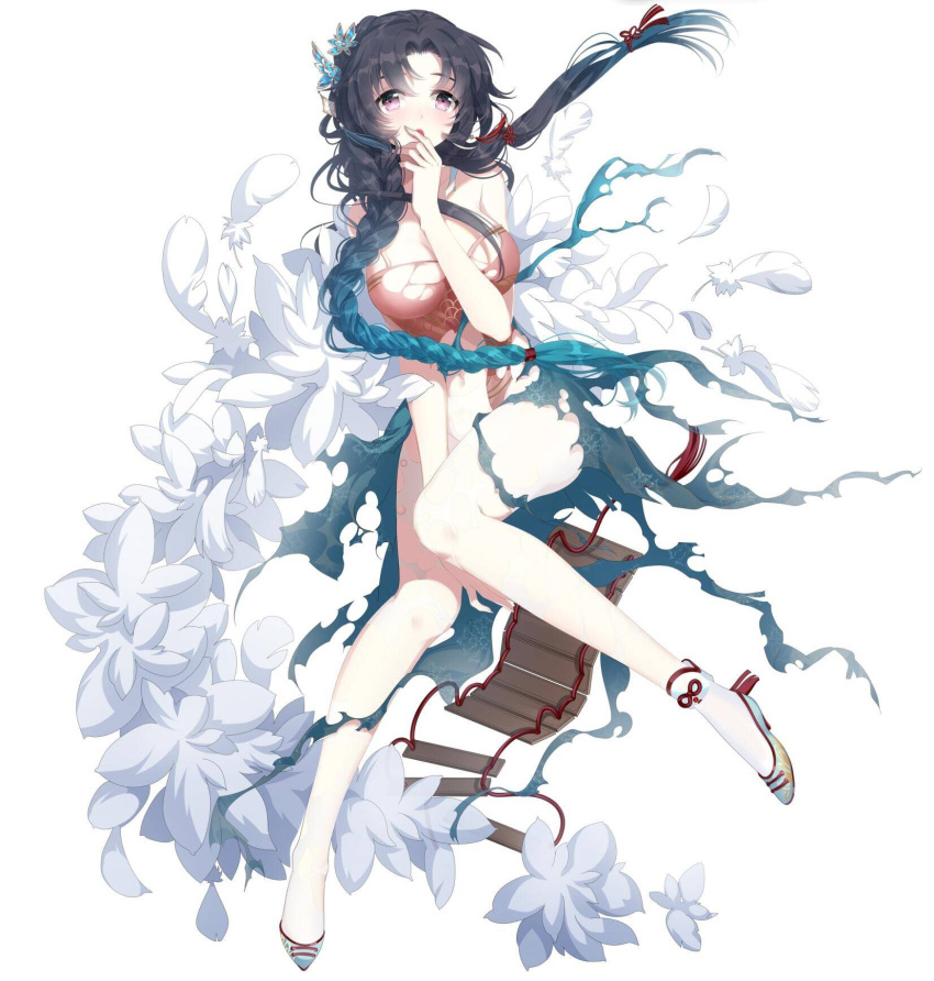 1girl bangs black_hair blue_hair blush braid breasts china_dress chinese_clothes covering_mouth dress feathers full_body gradient_hair hair_ornament hand_over_own_mouth hand_up high_heels highres knees_together_feet_apart large_breasts long_hair looking_at_viewer miemia multicolored_hair noah_fantasy official_art parted_bangs pink_eyes simple_background solo torn_clothes white_background