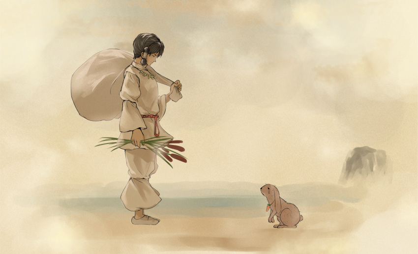 1boy absurdres black_hair carrot_necklace cattail commentary_request from_side grey_footwear highres holding holding_plant holding_sack inaba_tewi inaba_tewi_(bunny) kushidama_minaka long_sleeves looking_at_another looking_down looking_up ookuninushi plant rabbit sack shoes standing tears touhou