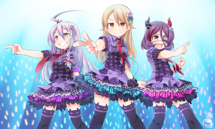3girls ahoge alternate_hairstyle belt belt_buckle bracelet braid breast_pocket brown_eyes buckle chains checkered clenched_hand commentary_request concert eyebrows_visible_through_hair eyepatch fake_horns fang feet_out_of_frame glowstick grey_eyes grey_hair grin hair_between_eyes hair_down hair_ornament hayasaka_mirei highres horn_band_legwear hoshi_shouko idolmaster idolmaster_cinderella_girls idolmaster_cinderella_girls_starlight_stage individuals jewelry layered_skirt light_brown_hair long_hair looking_at_viewer morikubo_nono multicolored_hair multiple_girls necktie open_mouth plaid pleated_skirt pocket pointing purple_hair red_neckwear shirt short_hair short_sleeves side_braid signature single_braid skirt smile standing streaked_hair thigh-highs two-tone_hair ushi v-shaped_eyebrows yellow_eyes