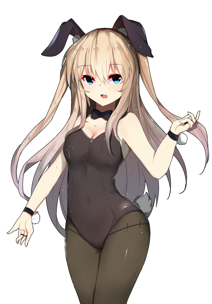 1girl animal_ears bangs bare_shoulders bent_elbow black_legwear black_leotard blonde_hair blue_eyes bow bowtie breasts brown_legwear bunny_girl bunny_tail bunnysuit cleavage covered_navel cowboy_shot eyebrows_visible_through_hair fake_animal_ears hairband highres jewelry leotard looking_at_viewer open_mouth original pantyhose rabbit_ears ring shiny sidelocks standing strapless strapless_leotard tail thighs white_background wrist_cuffs wristband zzb