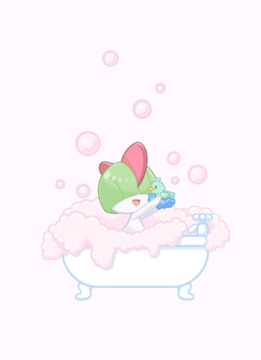 :d bath bathtub bubble bubble_bath drawfag ducklett gen_3_pokemon gen_5_pokemon highres no_humans open_mouth pokemon pokemon_(creature) ralts rubber_duck simple_background smile