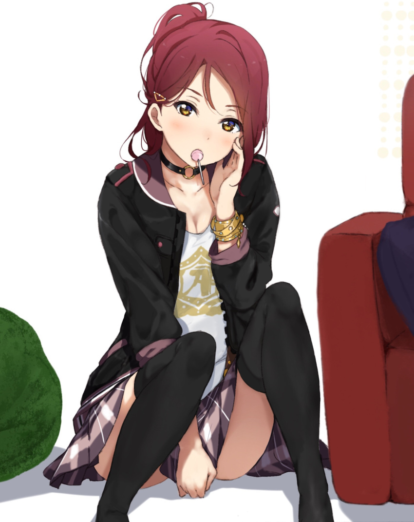 1girl alternate_hairstyle between_legs black_choker black_jacket black_legwear bracelet breasts brown_eyes candy casual choker cleavage collarbone couch covering covering_crotch food hair_ornament hairclip hand_between_legs hand_on_own_cheek highres icehotmilktea jacket jewelry knees_up lollipop looking_at_viewer love_live! love_live!_sunshine!! mouth_hold o-ring_choker plaid plaid_skirt ponytail redhead sakurauchi_riko sitting skirt solo studded_bracelet thigh-highs