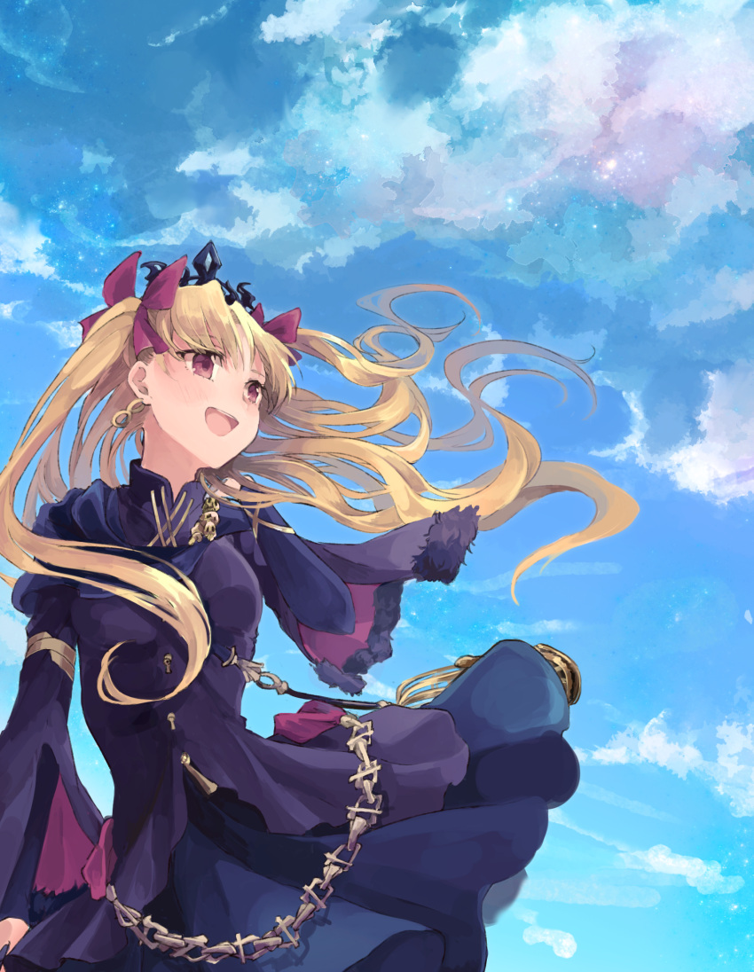 1girl armlet bangs birdcage blonde_hair blue_dress breasts cage chains clouds collar commentary_request dress earrings ereshkigal_(fate/grand_order) fate/grand_order fate_(series) floating_hair fur_trim hair_ribbon hand_on_own_shoulder highres jewelry light_blush long_hair long_sleeves looking_afar medium_breasts mitu-yuki outdoors parted_bangs red_eyes red_ribbon ribbon skull sky solo tiara tohsaka_rin twintails upper_body wind