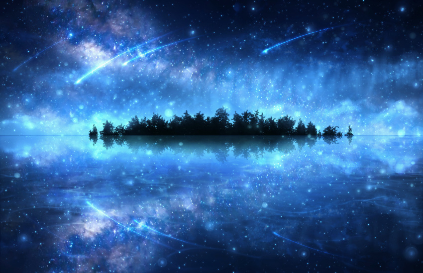 absurdres commentary_request czy_(2894456992) forest highres horizon island milky_way nature night night_sky no_humans ocean original outdoors reflection scenery shooting_star sky star_(sky) starry_sky