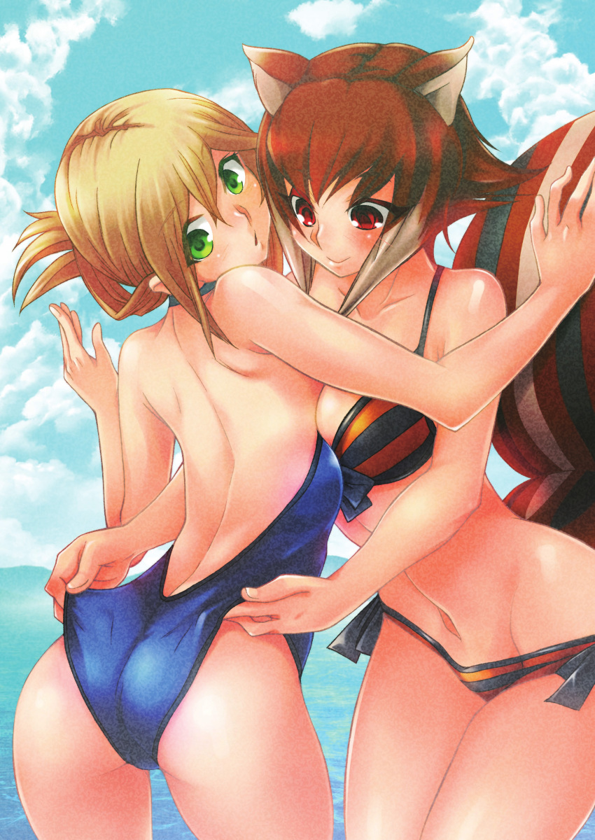 2girls absurdres adjusting_another's_clothes adjusting_clothes adjusting_swimsuit ahoge animal_ears ass back backless_outfit bare_back bikini blazblue blonde_hair brown_hair green_eyes highres makoto_nanaya multicolored_hair multiple_girls noel_vermillion official_art one-piece_swimsuit red_eyes short_hair side-tie_bikini squirrel_ears squirrel_tail swimsuit tail two-tone_hair