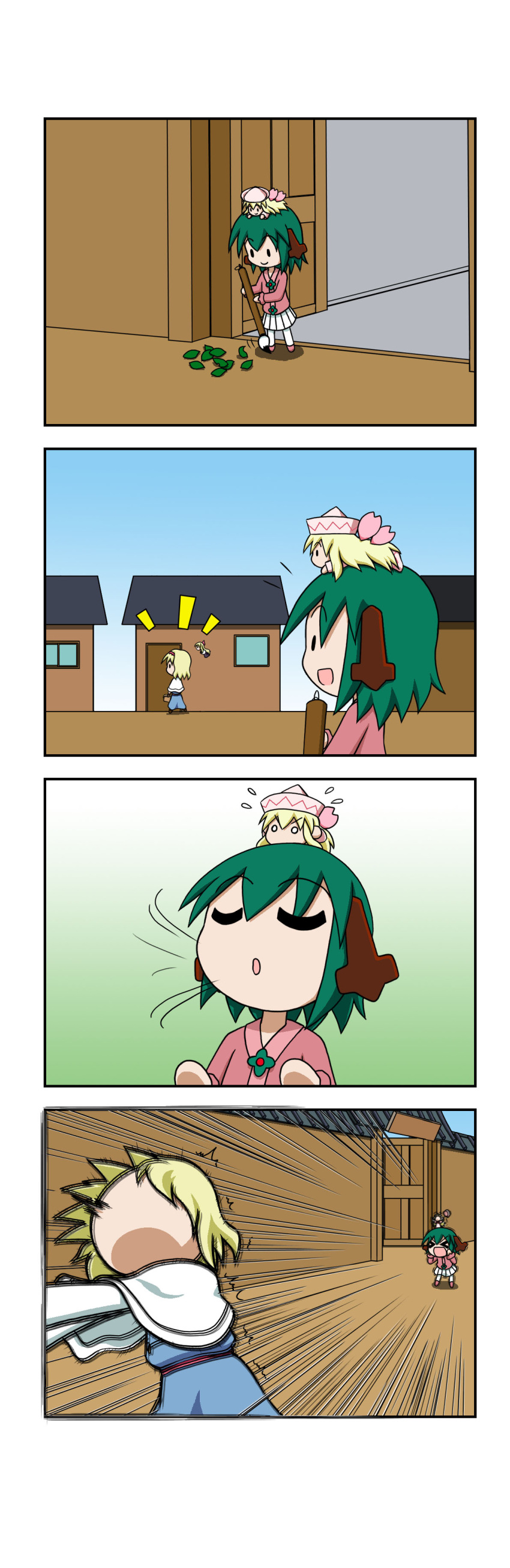 &gt;_&lt; 4koma :d absurdres alice_margatroid animal_ears blonde_hair blue_dress brush calligraphy_brush capelet chibi comic commentary_request dog_ears dress emphasis_lines eyebrows_visible_through_hair fairy_wings flying_sweatdrops gate green_hair hairband hat highres house inhaling kasodani_kyouko leaf lily_white lolita_hairband motion_lines o_o open_mouth paintbrush pink_shirt rakugaki-biyori shanghai_doll shirt shouting silent_comic skirt smile sweeping touhou wings xd