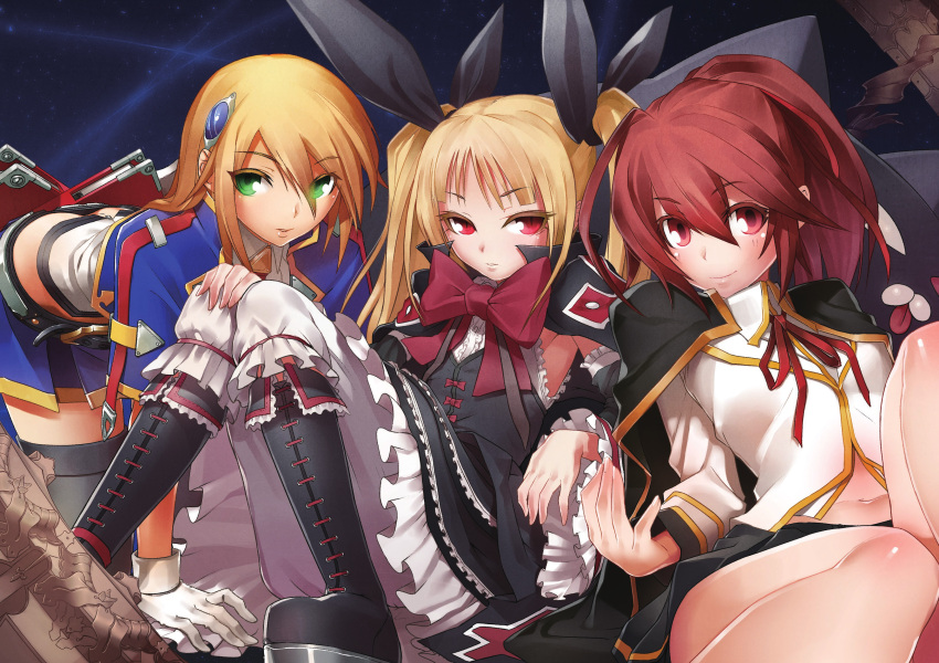3girls absurdres blazblue blonde_hair bloomers boots bow brown_hair celica_a_mercury green_eyes hair_ribbon highres long_hair midriff multiple_girls nago noel_vermillion official_art ponytail rachel_alucard red_bow red_eyes ribbon smile thigh-highs twintails underwear