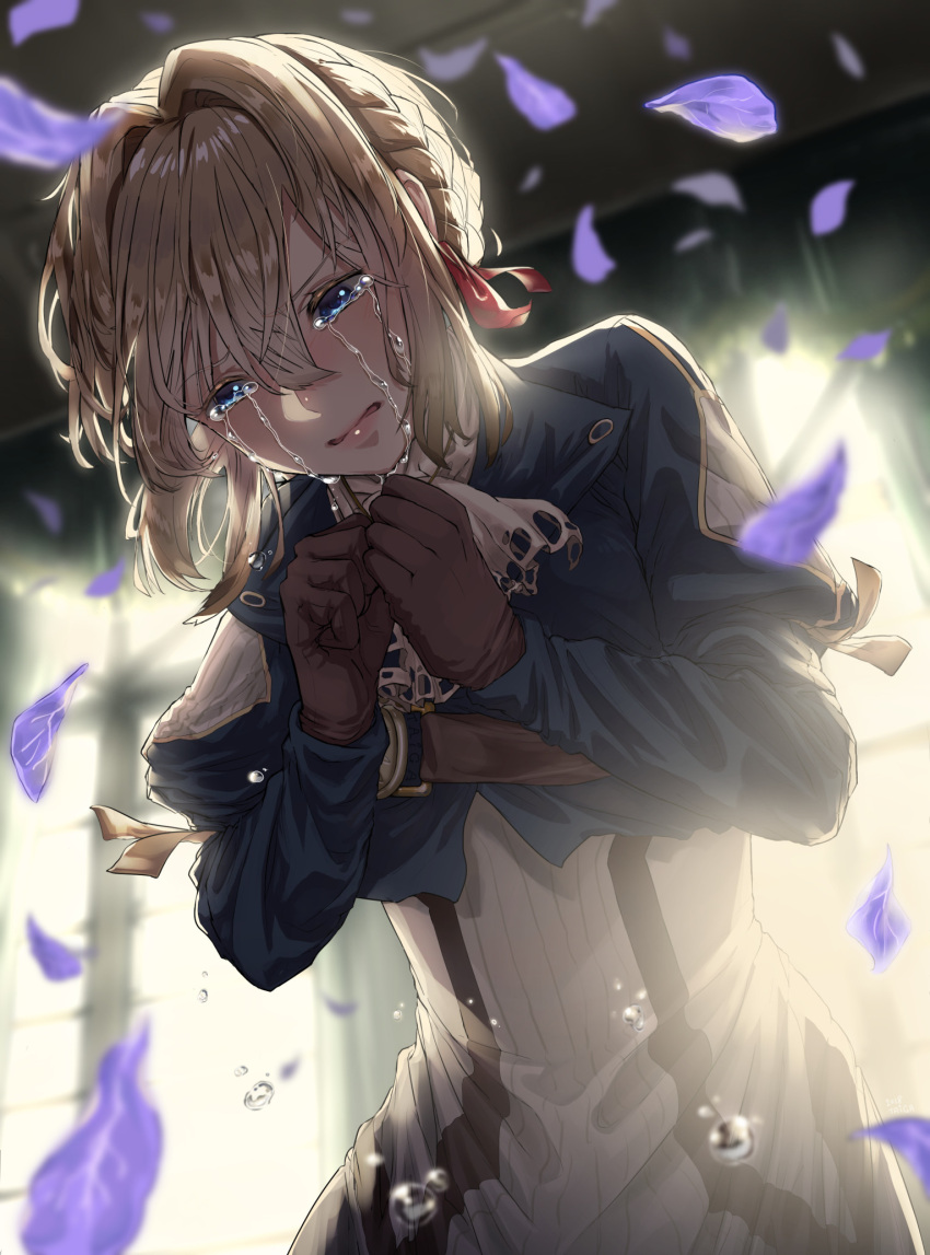1girl bangs bent_over blonde_hair blue_eyes blue_jacket braid brooch crying crying_with_eyes_open dress eyebrows_visible_through_hair flower gloves hair_between_eyes hair_intakes hair_ribbon hands_together highres jacket jewelry long_sleeves looking_down petals red_ribbon ribbon sad sobbing solo streaming_tears sunlight taiga_(ryukyu-6102-8) teardrop tears violet_(flower) violet_evergarden violet_evergarden_(character) wavy_mouth window