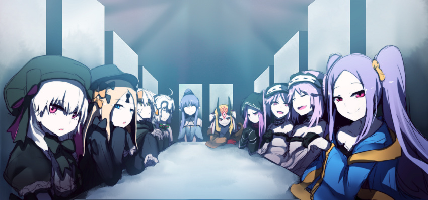 6+girls :d ^_^ abigail_williams_(fate/grand_order) bangs bare_shoulders bell beret black_dress black_gloves black_hat bleach blonde_hair blue_eyes blue_hair bow brown_eyes caster_lily chinese_clothes choker closed_eyes closed_mouth dress elbows_on_table euryale eyebrows_visible_through_hair facial_mark facial_scar fate/grand_order fate_(series) forehead_mark gloves gothic_lolita green_bow green_eyes hair_between_eyes hair_ornament hanfu hat headpiece hood hood_up horns ibaraki_douji_(fate/grand_order) indoors interlocked_fingers jack_the_ripper_(fate/apocrypha) jeanne_d'arc_(fate)_(all) jeanne_d'arc_alter_santa_lily lolita_fashion long_hair long_sleeves looking_at_viewer medusa_(lancer)_(fate) multiple_girls nursery_rhyme_(fate/extra) oni oni_horns open_mouth parody parted_bangs parted_lips pointy_ears puffy_short_sleeves puffy_sleeves purple_hair rider scar scar_on_cheek shawl short_sleeves silver_hair sitting sketch sleeves_past_fingers sleeves_past_wrists smile stheno strapless strapless_dress striped striped_bow table very_long_hair violet_eyes wada_kazu white_dress wide_sleeves wu_zetian_(fate/grand_order)