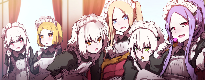 6+girls :d :o abigail_williams_(fate/grand_order) alternate_costume alternate_hairstyle apron arm_support bangs black_dress blonde_hair blue_eyes blurry blurry_background braid brown_eyes candy couch curtains day depth_of_field dress enmaided eyebrows_visible_through_hair facial_scar fate/extra fate/grand_order fate_(series) food forehead green_eyes hair_between_eyes hands_on_hips highres holding holding_lollipop indoors jack_the_ripper_(fate/apocrypha) jeanne_d'arc_(fate)_(all) jeanne_d'arc_alter_santa_lily leaning_forward lollipop long_sleeves maid maid_apron maid_headdress mouth_hold multiple_girls nervous nursery_rhyme_(fate/extra) open_mouth parted_bangs parted_lips paul_bunyan_(fate/grand_order) pointing puffy_long_sleeves puffy_sleeves purple_hair scar scar_across_eye scar_on_cheek silver_hair sitting sketch smile sunlight twin_braids twintails violet_eyes wada_kazu white_apron window wu_zetian_(fate/grand_order)