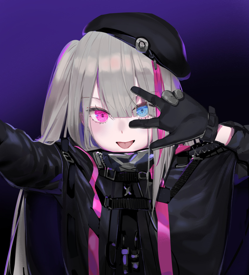 1girl :p arm_up bangs beret black_gloves black_hat blue_eyes blunt_bangs buckle eyebrows_visible_through_hair girls_frontline gloves gradient gradient_background grey_hair hair_between_eyes hair_over_shoulder hat heterochromia highres jacket long_hair long_sleeves looking_at_viewer mdr_(girls_frontline) multicolored_hair one_side_up open_clothes open_jacket open_mouth pink_eyes pink_hair purple_background self_shot shatte shiny shiny_hair side_ponytail sidelocks smile solo strap streaked_hair tongue tongue_out upper_body w w_over_eye