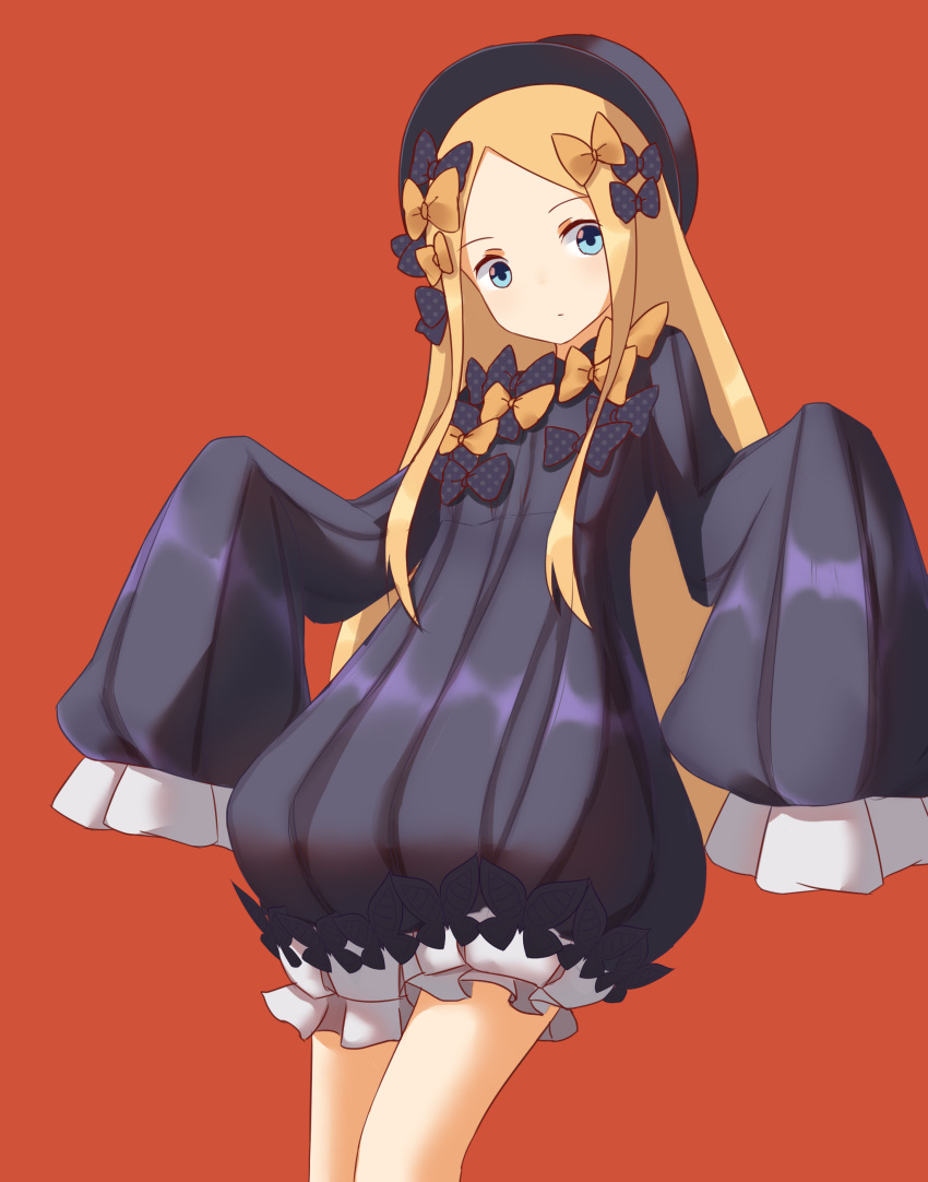 1girl abigail_williams_(fate/grand_order) absurdres bangs black_bow black_dress black_hat blonde_hair bloomers blue_eyes bow butterfly closed_mouth commentary_request devil-dantake dress fate/grand_order fate_(series) forehead hair_bow hat head_tilt highres insect long_hair long_sleeves looking_at_viewer orange_bow parted_bangs polka_dot polka_dot_bow red_background simple_background sleeves_past_fingers sleeves_past_wrists solo underwear very_long_hair white_bloomers