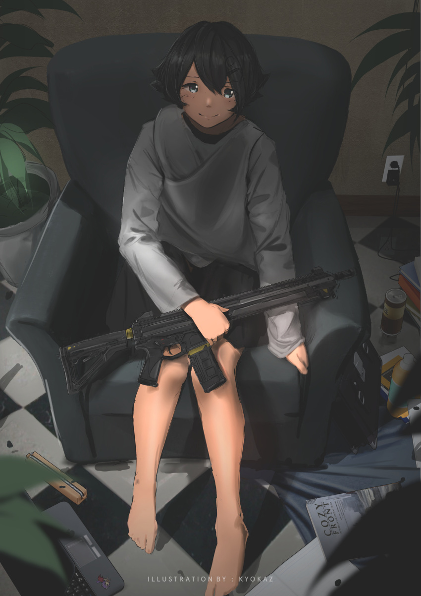 1girl absurdres armchair artist_name assault_rifle barefoot black_hair blue_eyes blush can chair closed_mouth commentary computer electric_socket faiz_azhar grey_sweater gun highres holding holding_gun holding_weapon laptop long_sleeves looking_at_viewer original plant pot potted_plant rifle short_hair sitting smile solo weapon