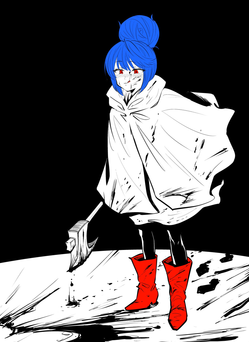 1girl abonnu_(adooonnu) absurdres axe blood blood_on_face blood_splatter bloody_clothes bloody_weapon blue_hair blush boots cloak commentary_request dripping footprints full_body hair_bun highres holding holding_weapon licking_lips limited_palette red_eyes red_footwear shima_rin short_hair solo tongue tongue_out weapon yurucamp