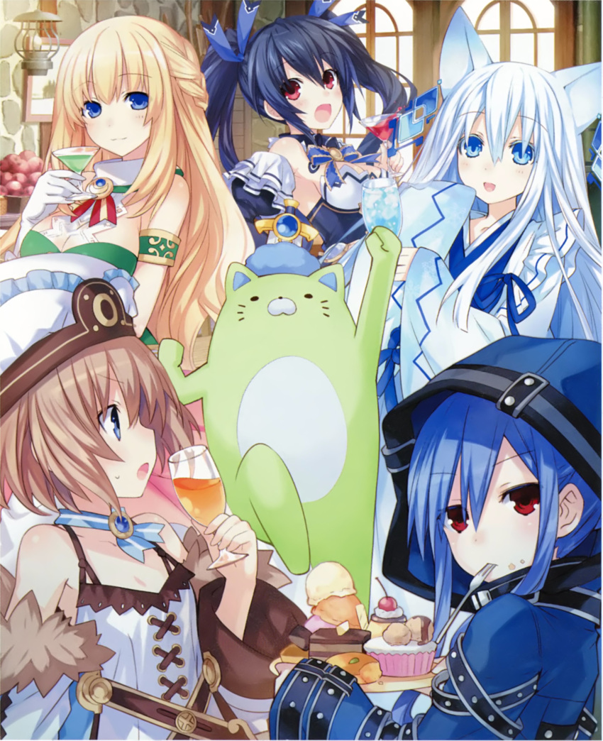 absurdres alcohol animal_ears bare_shoulders black_hair blanc blonde_hair blue_eyes blue_hair blush braid breasts brown_hair cake cleavage cup drinking_glass eating effole_(fairy_fencer_f) fairy_fencer_f food food_on_face fork fork_in_mouth hair_ornament hat highres holding holding_drinking_glass hood hoodie karin_(fairy_fencer_f) long_hair looking_at_viewer multiple_girls neptune_(series) noire open_mouth plate red_eyes ribbon short_hair skirt smile tsunako twintails vert white_hair wine wine_glass
