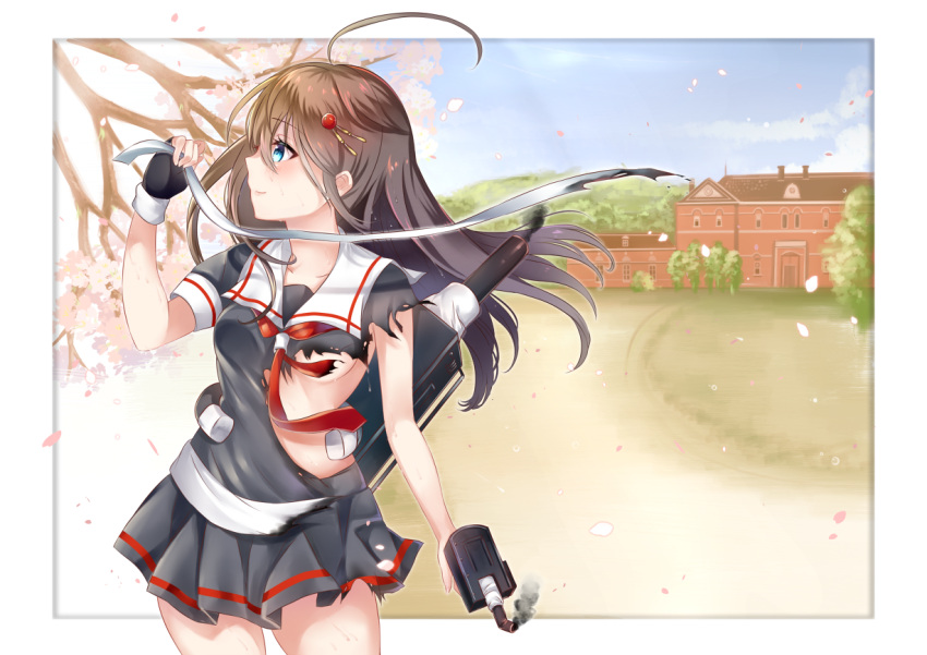 1girl ahoge alternate_hairstyle black_hair black_serafuku black_skirt blue_eyes breasts building cannon cherry_blossoms cowboy_shot damaged day fingerless_gloves gloves hachimaki hair_flaps hair_ornament hair_ribbon headband kantai_collection long_hair mashiro_aa neckerchief no_bra outdoors pleated_skirt red_neckwear remodel_(kantai_collection) ribbon rigging school_uniform serafuku shigure_(kantai_collection) shirt skirt sky small_breasts solo standing torn_clothes torn_shirt turret