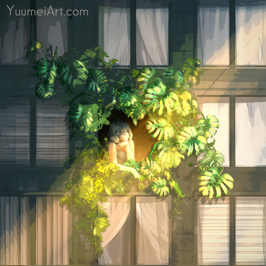 1girl building camisole closed_eyes commentary highres original plant short_hair silver_hair solo speedpaint sunlight watermark web_address wenqing_yan window