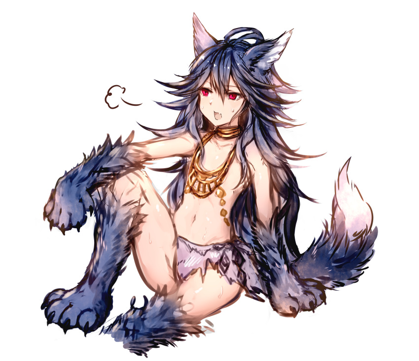 1girl absurdres animal_ears antenna_hair blue_hair claws fang fenrir_(shingeki_no_bahamut) flat_chest granblue_fantasy highres jewelry knee_up light_blush long_hair monster_girl navel necklace open_mouth paws red_eyes shingeki_no_bahamut simple_background sitting sketch slit_pupils solo sukemyon sweat tail white_background wolf_ears wolf_tail
