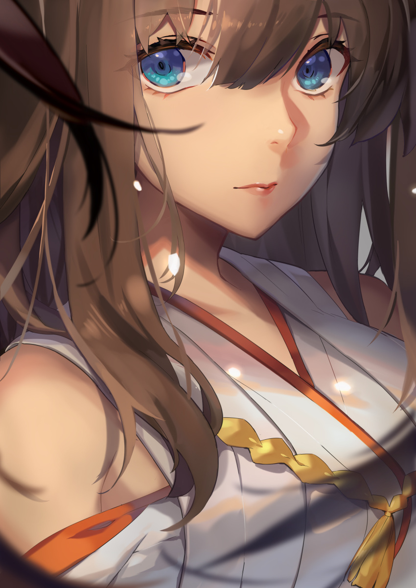 1girl absurdres bare_shoulders blue_eyes blurry blurry_background brown_hair close-up depth_of_field eyebrows_visible_through_hair eyelashes face hair_between_eyes highres kantai_collection kongou_(kantai_collection) lips long_hair miyazaki_byou nontraditional_miko parted_lips portrait shiny shiny_hair solo tassel