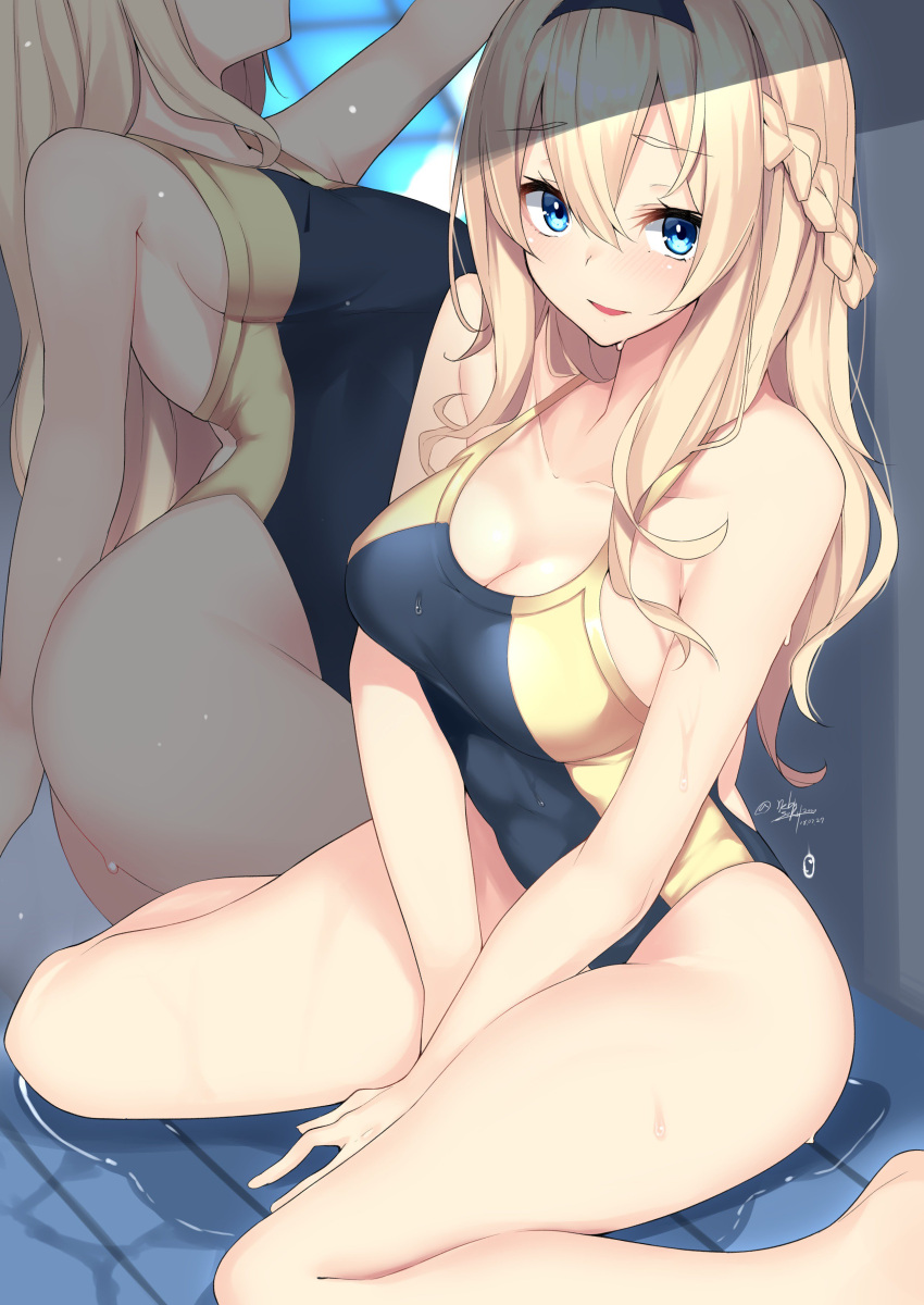 1girl absurdres artist_name ass black_headband blonde_hair blue_eyes blush braid breasts cleavage collarbone competition_swimsuit french_braid from_side head_out_of_frame headband highres kantai_collection looking_at_viewer medium_breasts multiple_views nebusoku one-piece_swimsuit parted_lips rei_no_pool sideboob sitting swimsuit wariza warspite_(kantai_collection)