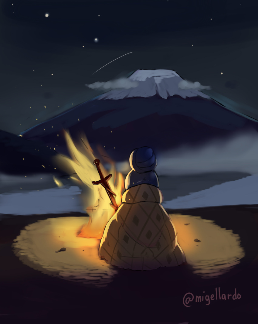1girl absurdres blanket blue_hair bonfire commentary_request dark_souls facing_away fire from_behind hair_bun highres kion-kun mount_fuji night night_sky planted_sword planted_weapon shima_rin shooting_star sitting sky solo souls_(from_software) sparks star_(sky) starry_sky sword twitter_username weapon yurucamp