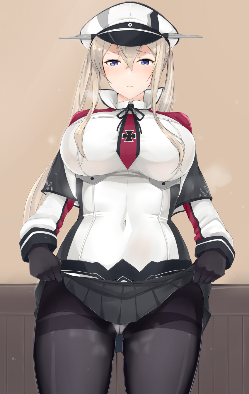 1girl absurdres bangs black_gloves black_legwear blonde_hair blue_eyes blush breasts capelet closed_mouth covered_navel cross embarrassed from_below gloves graf_zeppelin_(kantai_collection) hair_between_eyes hat highres impossible_clothes jacket kantai_collection large_breasts long_hair looking_at_viewer maruya1006 military military_uniform miniskirt necktie pantyhose peaked_cap sidelocks skirt skirt_lift solo sweat sweatdrop thighband_pantyhose thighs tsurime twintails uniform