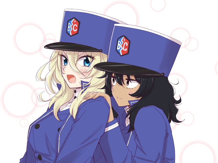 2girls andou_(girls_und_panzer) angry bangs bc_freedom_military_uniform black_hair blonde_hair blue_eyes blue_hat blue_jacket blue_vest blush brown_eyes circle closed_mouth dark_skin dress_shirt eyebrows_visible_through_hair from_side frown girls_und_panzer hands_on_another's_shoulders hat high_collar highres inumoto jacket long_sleeves looking_at_another looking_back medium_hair military military_hat military_uniform multiple_girls open_mouth oshida_(girls_und_panzer) shako_cap shirt smile standing uniform upper_body v-shaped_eyebrows vest white_shirt yuri