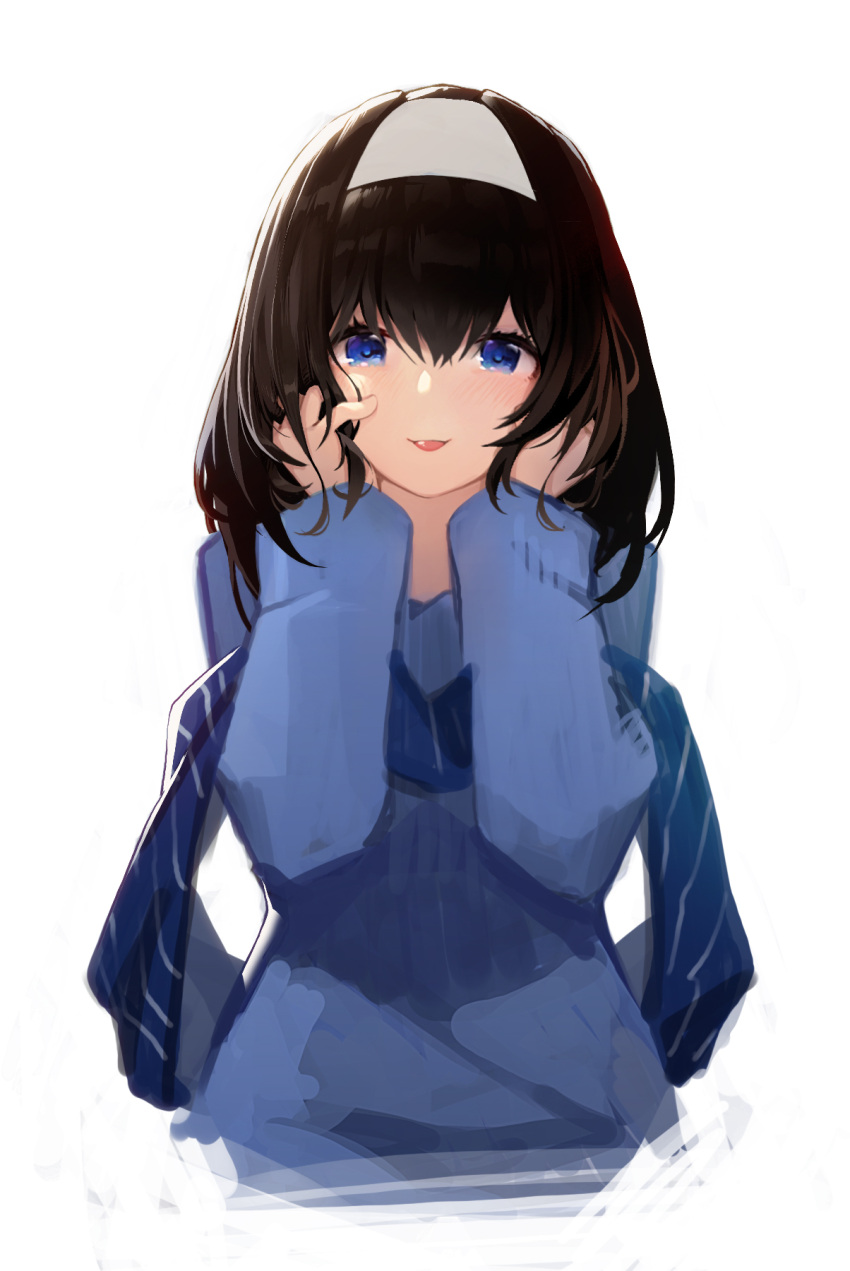 1girl blue_eyes blue_scarf blue_sweater blush brown_hair commentary_request hairband highres idolmaster idolmaster_cinderella_girls long_sleeves looking_at_viewer parted_lips rheez ribbed_sweater sagisawa_fumika scarf simple_background smile solo sweater upper_body white_background
