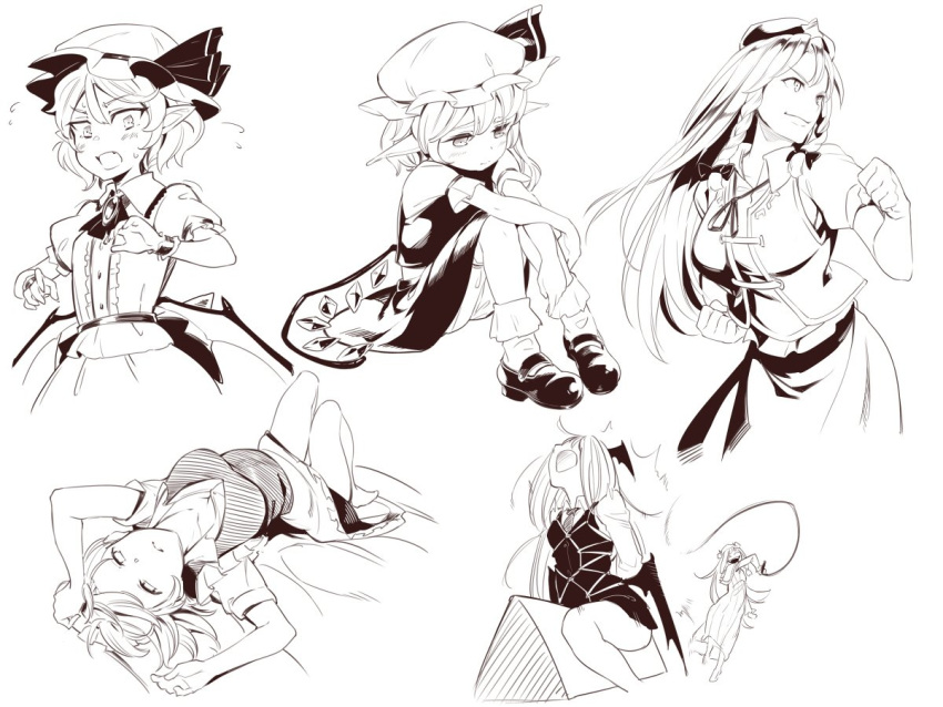 6+girls apron ascot asutora bare_legs bat_wings blush bobby_socks bow braid brooch clenched_hands closed_mouth dress flandre_scarlet flying_sweatdrops greyscale hair_bow hat hat_ribbon head_wings hong_meiling izayoi_sakuya jewelry knees_up koakuma long_hair looking_at_viewer looking_down lying miniskirt mob_cap monochrome multiple_girls necktie on_back open_mouth patchouli_knowledge pointy_ears puffy_sleeves remilia_scarlet ribbon shibari shibari_over_clothes shoes side_ponytail sitting skirt skirt_set smile socks star sweatdrop touhou twin_braids vest waist_apron whip whipping wings wooden_horse wrist_cuffs