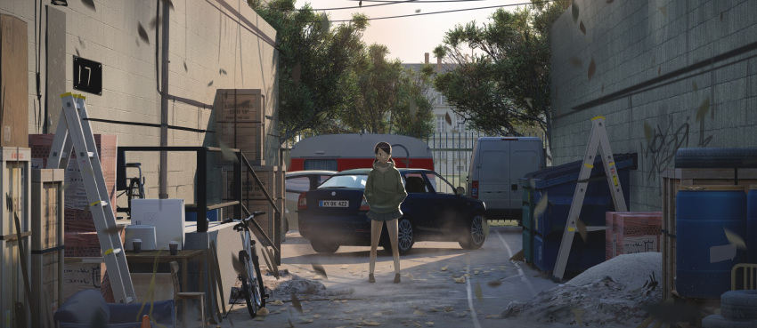 1girl absurdres bicycle blue_skirt brown_hair car crate day dumpster faiz_azhar fence ground_vehicle hands_in_pocket highres hood hoodie ladder low_twintails motor_vehicle original outdoors pleated_skirt shoes skirt solo standing tree twintails