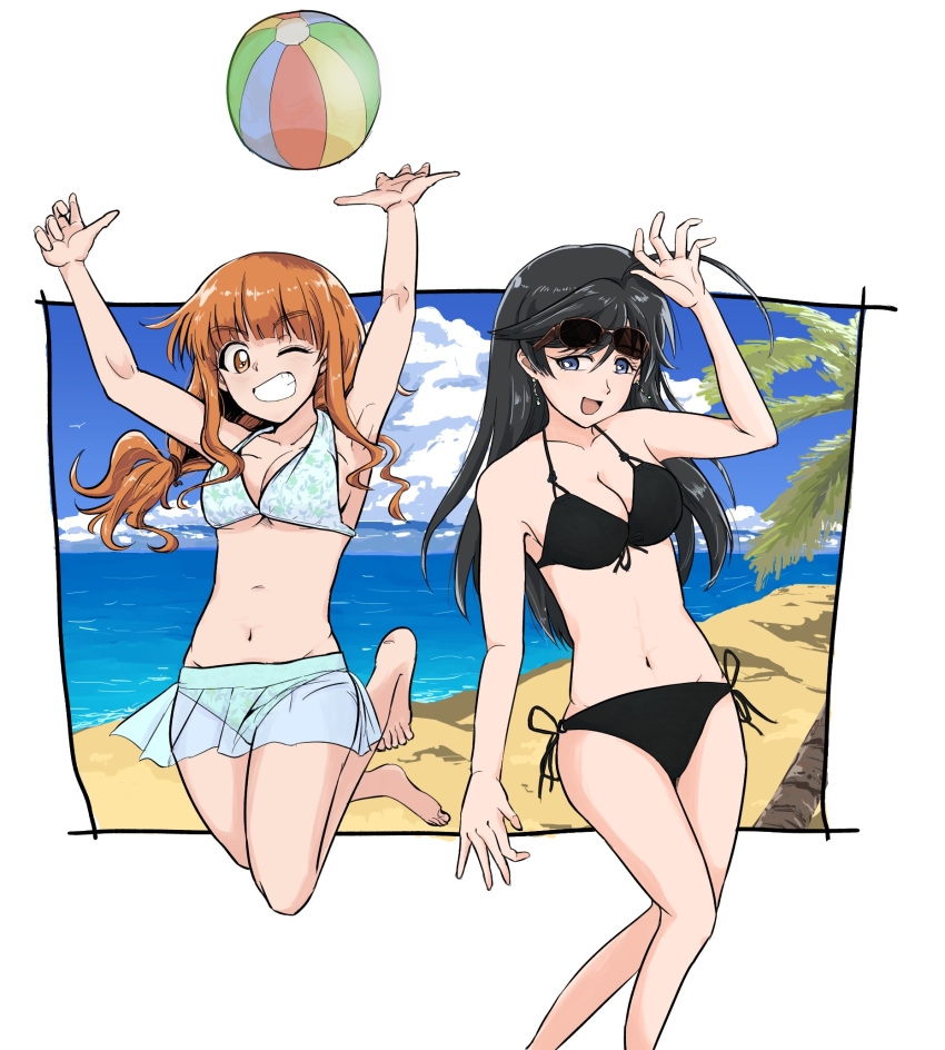 2girls :d ahoge arm_up arms_up ball bangs barefoot beach beachball bikini bikini_skirt black-framed_eyewear black_bikini black_eyes black_hair blunt_bangs breasts cleavage clouds cloudy_sky commentary_request cowboy_shot day eyebrows_visible_through_hair eyewear_on_head fourth_wall front-tie_bikini front-tie_top girls_und_panzer grin hair_tie hand_in_hair highres isuzu_hana jumping long_hair looking_at_viewer medium_breasts multicolored multicolored_bikini multicolored_clothes multiple_girls ocean open_mouth orange_eyes orange_hair outdoors outside_border palm_tree print_bikini side-tie_bikini sky smile standing sunglasses swimsuit takebe_saori tree urouchi