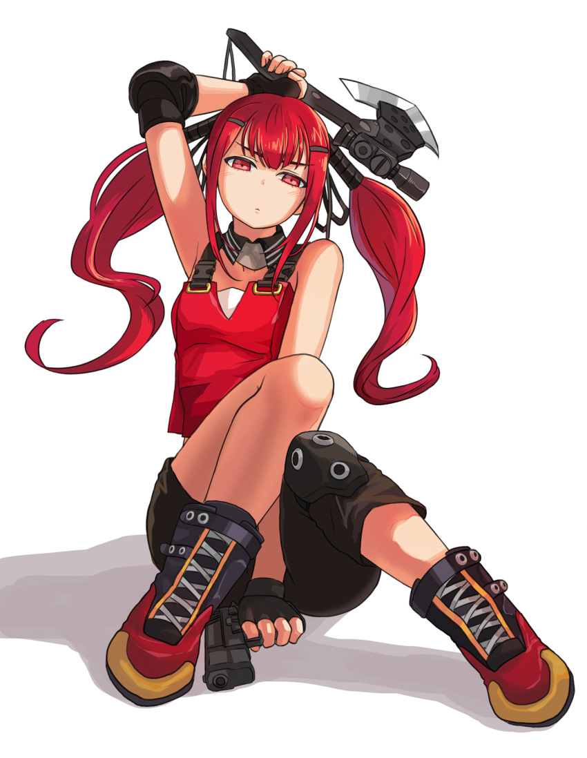 1girl ankle_boots arm_above_head armpits asymmetrical_clothes axe bangs bare_shoulders belt between_legs black_gloves blush boots breasts brown_pants buckle closed_mouth collar collarbone cz-75 cz-75_(girls_frontline) dlausdnr56 elbow_pads expressionless fingerless_gloves full_body girls_frontline gloves gun hair_ornament hairclip half-closed_eyes hand_between_legs handgun highres holding holding_axe holding_gun holding_weapon long_hair looking_at_viewer pants pistol red_eyes red_tank_top redhead ribbon short_hair shorts simple_background single_knee_pad sitting sleeveless small_breasts solo strap twintails very_long_hair weapon white_background
