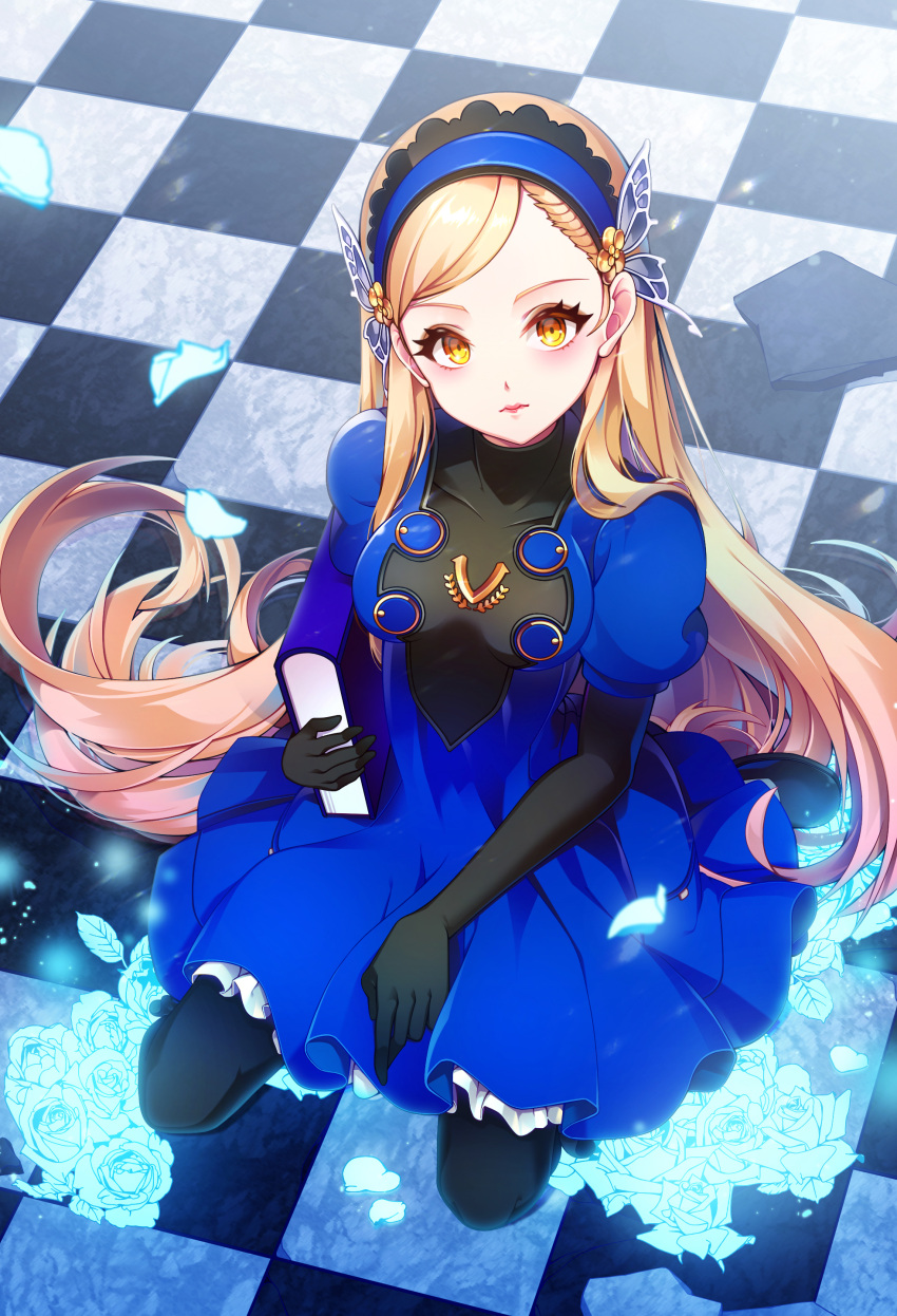 1girl absurdres black_gloves black_legwear blonde_hair blue_dress blue_flower blue_hairband blue_rose book checkered checkered_floor chepill closed_mouth dress elbow_gloves flower from_above gloves hairband highres lavenza long_hair looking_at_viewer pantyhose persona persona_5 rose sitting solo wariza yellow_eyes